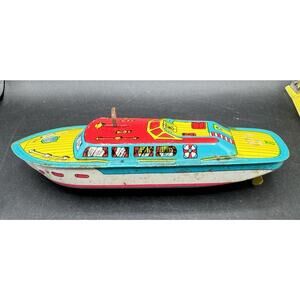 Vintage . J Chein & Company Mark 1 Wind-Up Tin Toy Speed Boat Works!